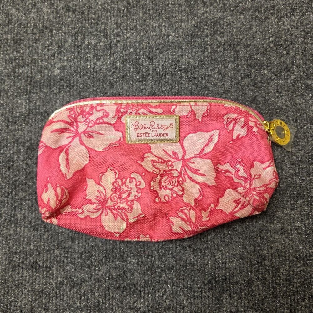 Lilly Pulitzer For Estee Lauder Makeup Cosmetic Bag Pink Floral Zip Closure NEW
